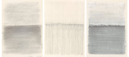 Vista 02-04-05 Original Fine Art Drawings Triptych Collection by Carrie Bergey displayed in a minimalist living space with two modern cream chairs.