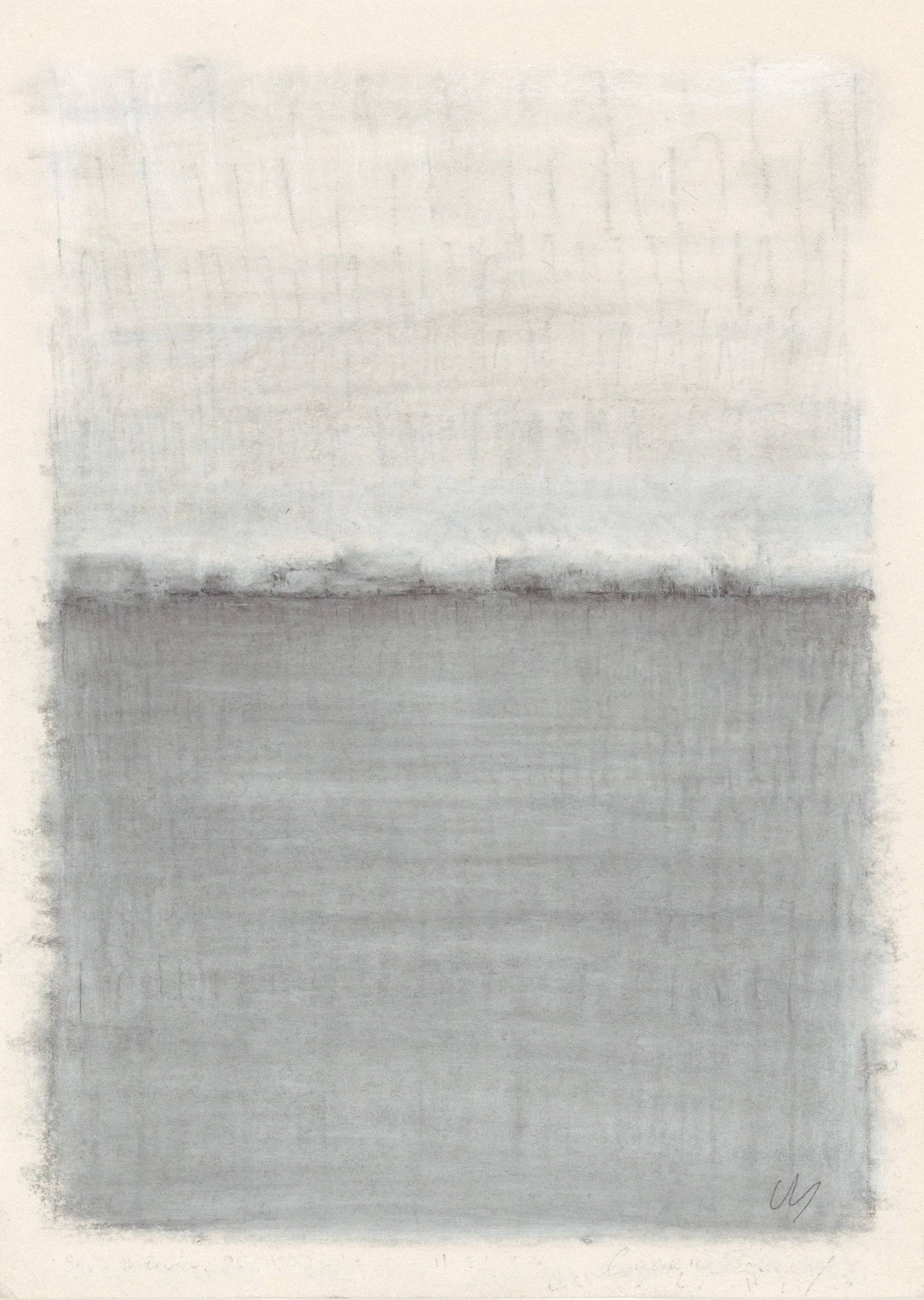 Right panel of Vista 02-04-05 Triptych by Carrie Bergey with layered graphite and pastel tones evoking a misty horizon over water.