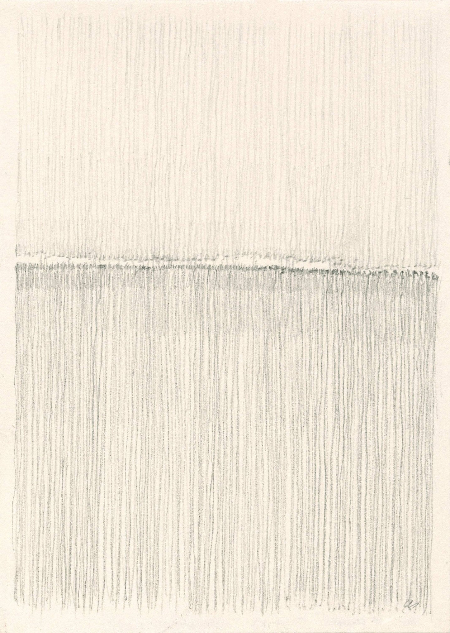 Middle panel of Vista 02-04-05 Triptych by Carrie Bergey showcasing vertical graphite lines symbolizing rain or texture in minimalist style.