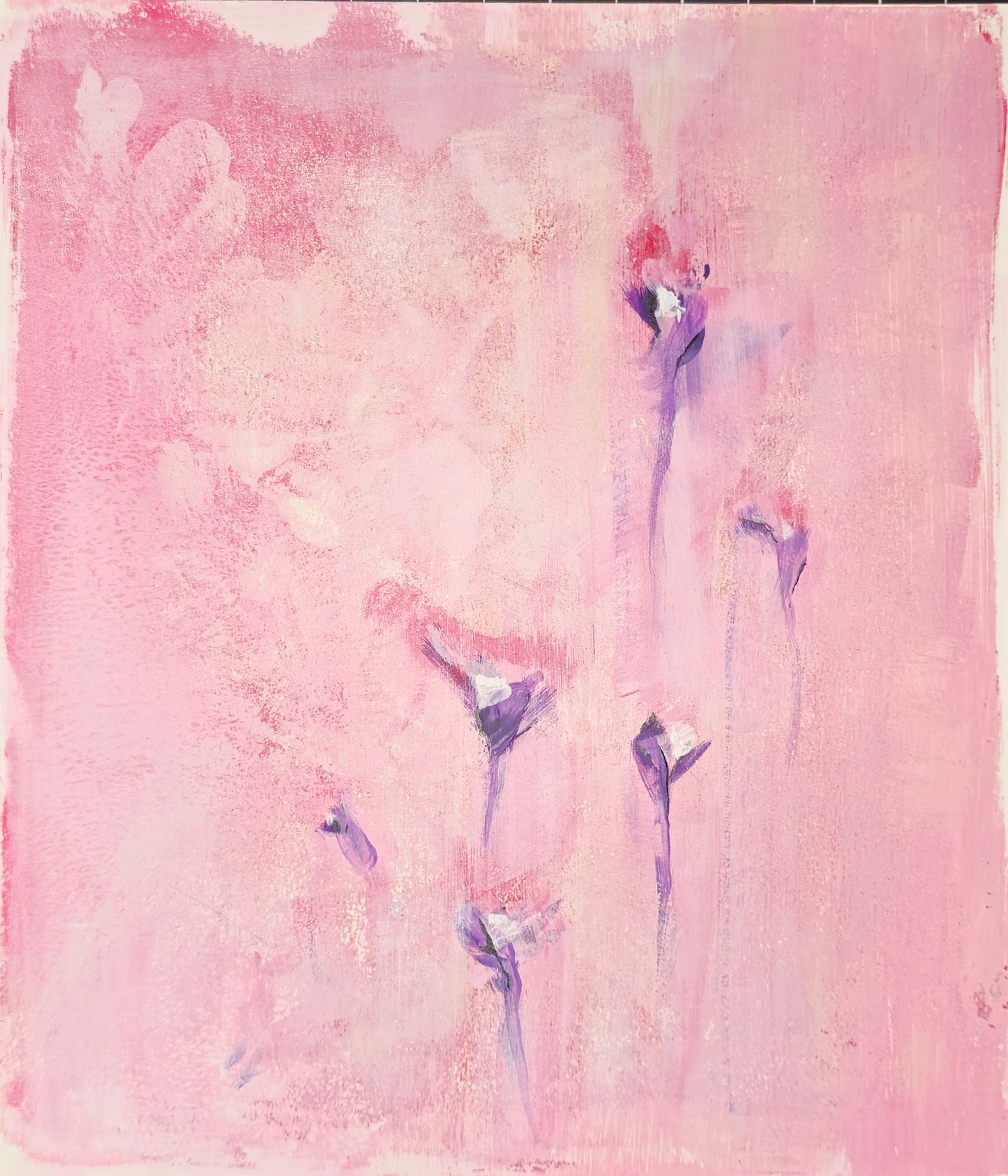 Left panel of Carrie Bergey's Blush & Bloom Diptych featuring subtle purple floral buds on a pastel pink textured background.