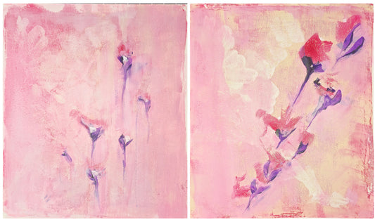 Original Fine Art Painting Diptych by Carrie Bergey displayed in a modern home setting with blush pink walls and mirrored console decor.