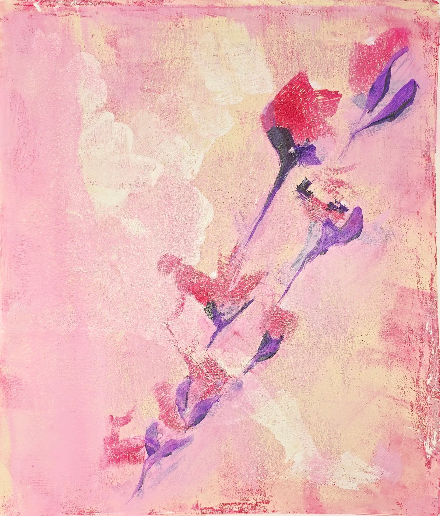 Right panel of the Original Fine Art Painting Diptych by Carrie Bergey showing abstract red and purple blossoms on a soft pink background.