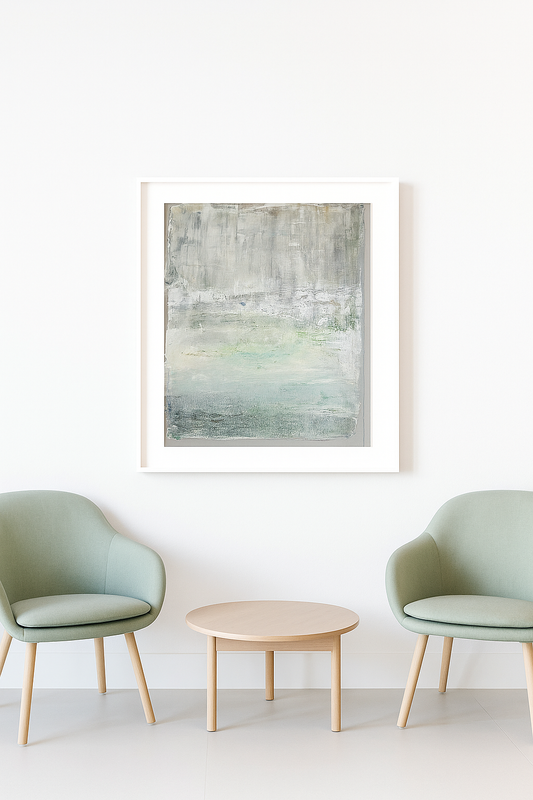 Drift Original Fine Art Painting by Carrie Bergey showcases abstract expressionism with soft gray, green, and white tones on textured paper.