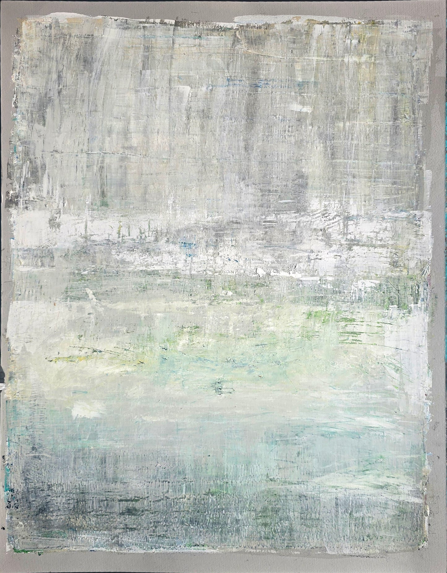 Drift Original Fine Art Painting by Carrie Bergey showcases abstract expressionism with soft gray, green, and white tones on textured paper.
