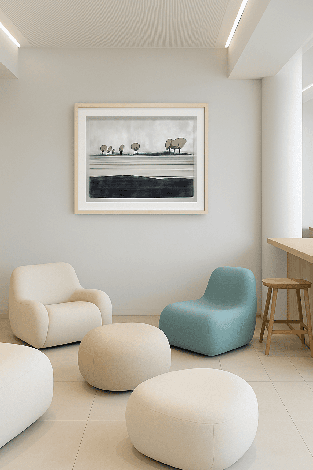 Framed 'Eight Sentinels' by Carrie Bergey displayed in a modern living space. Acrylic gouache landscape art enhances minimalist home decor with abstract tree forms.