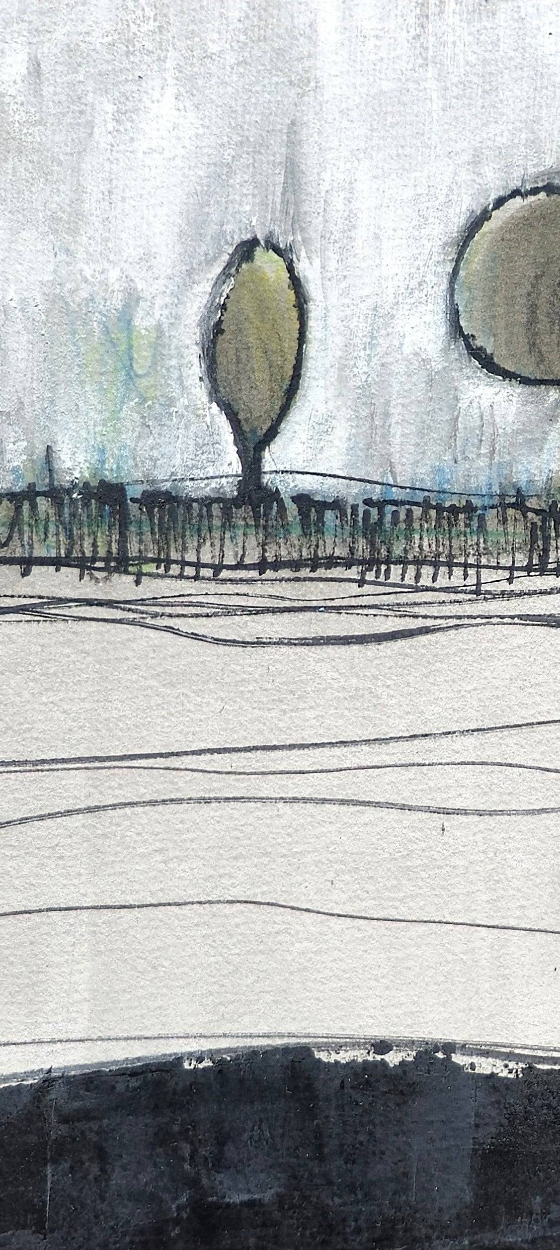 Close-up of Carrie Bergey's 'Eight Sentinels' shows textured brushwork and abstract tree details in acrylic gouache. Modern landscape art on paper in muted tones.