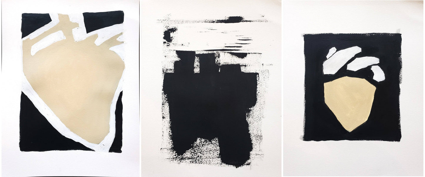 Heart 01-02-03 Original Fine Art Painting Triptych Collection by Carrie Bergey featuring abstract heart forms in black, white, and beige tones.