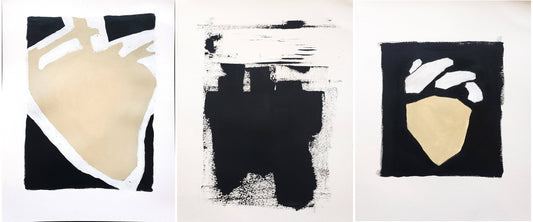 Heart 01-02-03 Original Fine Art Painting Triptych Collection by Carrie Bergey displayed above a beige sofa in a modern living room setting.