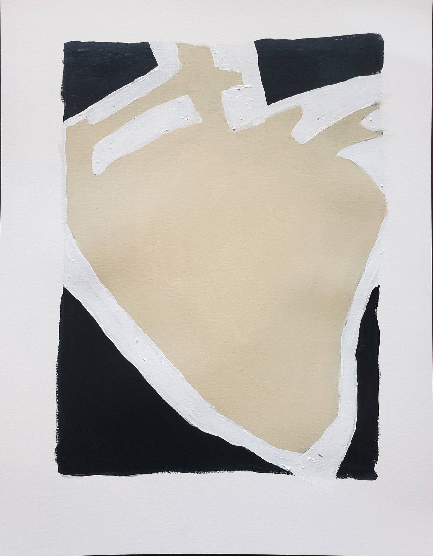 Heart 01 painting from the Heart 01-02-03 Triptych by Carrie Bergey, featuring a large abstract beige heart outlined in white on black.