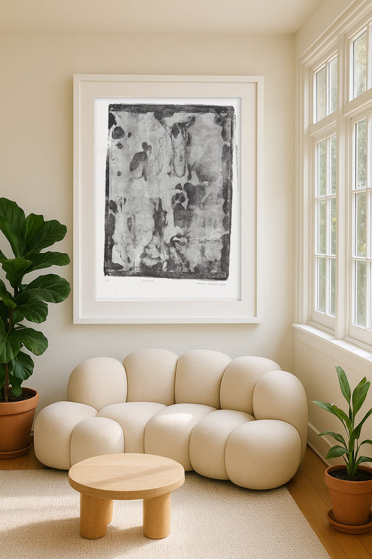 Imprints Original Fine Art Monoprint by Carrie Bergey features abstract organic textures in black and white, evoking memory and nature interplay.