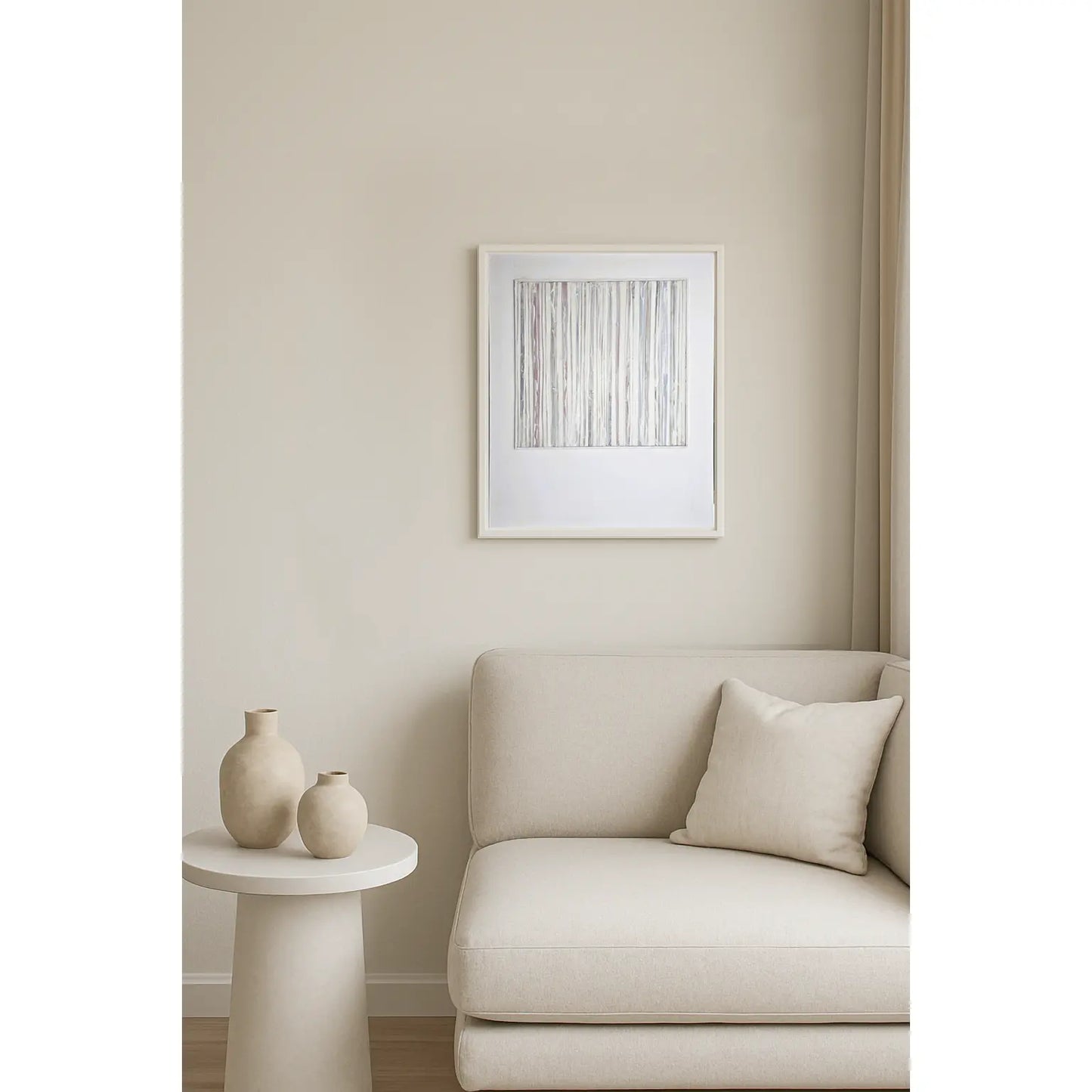 Framed In-Line Minimalist Mixed Media Art by Carrie Bergey displayed in a neutral-toned living room, enhancing modern home decor with geometric abstraction.