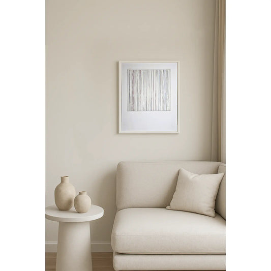 In-Line Minimalist Mixed Media Art by Carrie Bergey featuring vertical stripes in white, red, grey, and brown with textured acrylic on wood and paper.