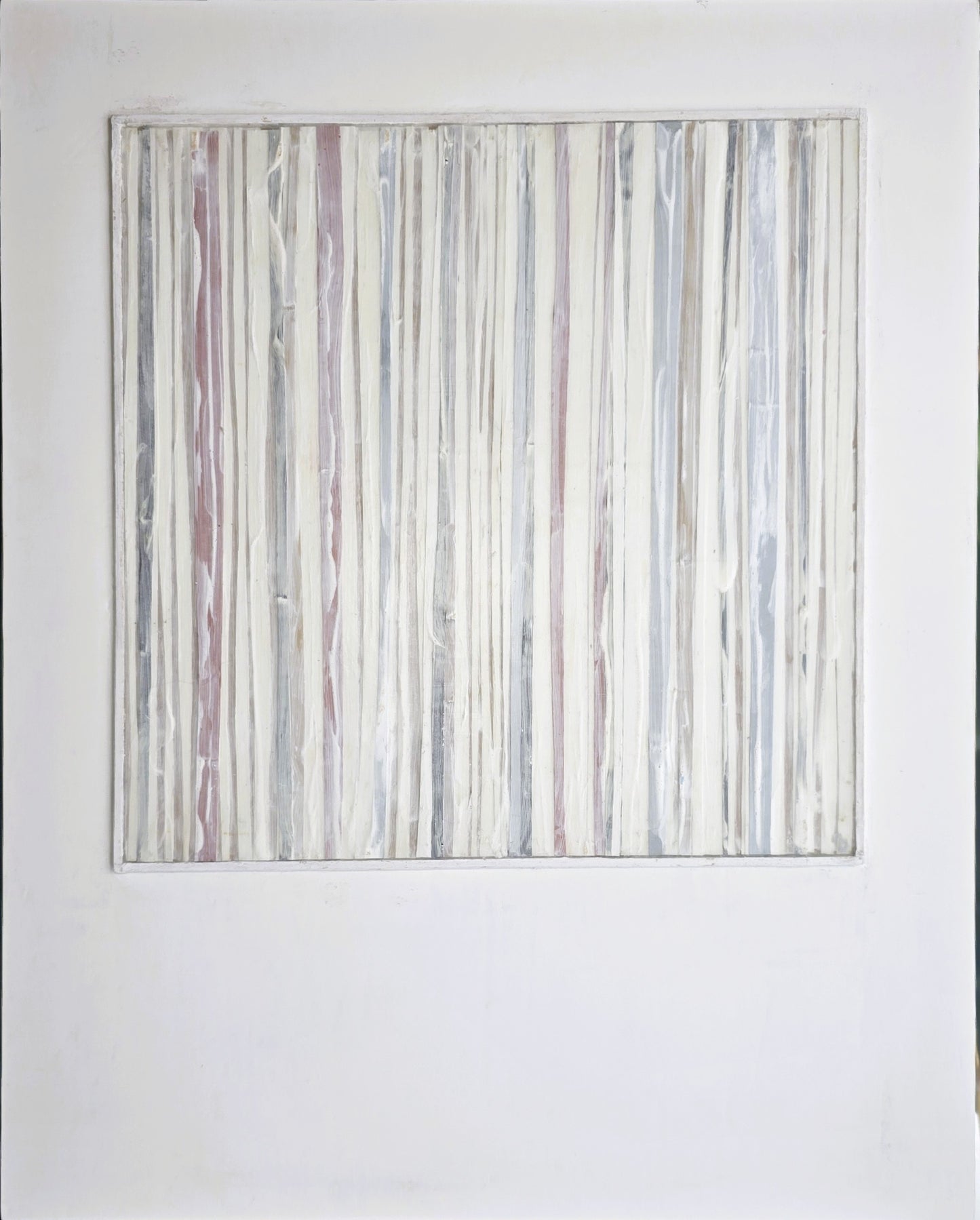 In-Line Minimalist Mixed Media Art by Carrie Bergey featuring vertical stripes in white, red, grey, and brown with textured acrylic on wood and paper.