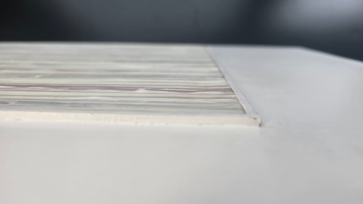 Side view of In-Line Minimalist Mixed Media Art by Carrie Bergey emphasizing the dimensional depth of the mixed media surface.
