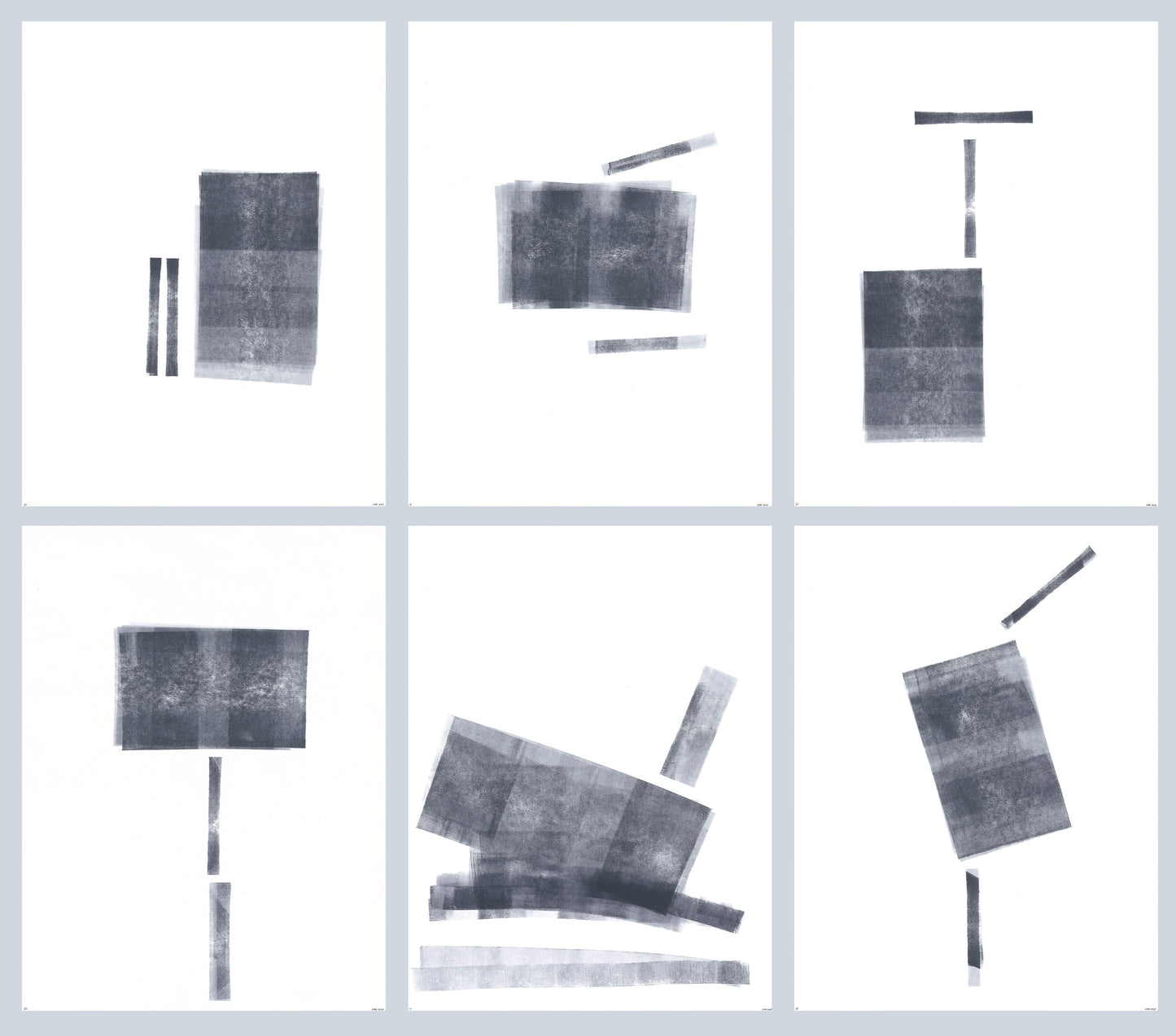 Ink on Paper 17-22 Original Fine Art Painting Hexaptych Collection featuring six abstract black ink compositions on white backgrounds in grid layout.