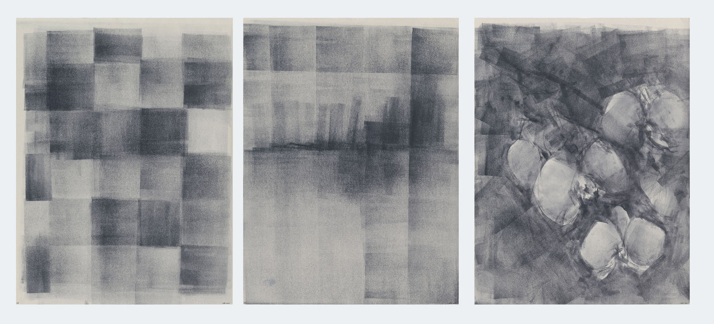 Full view of Ink on Paper 23-25 Original Fine Art Painting Triptych Collection showing all three abstract ink panels in a cohesive modern layout.