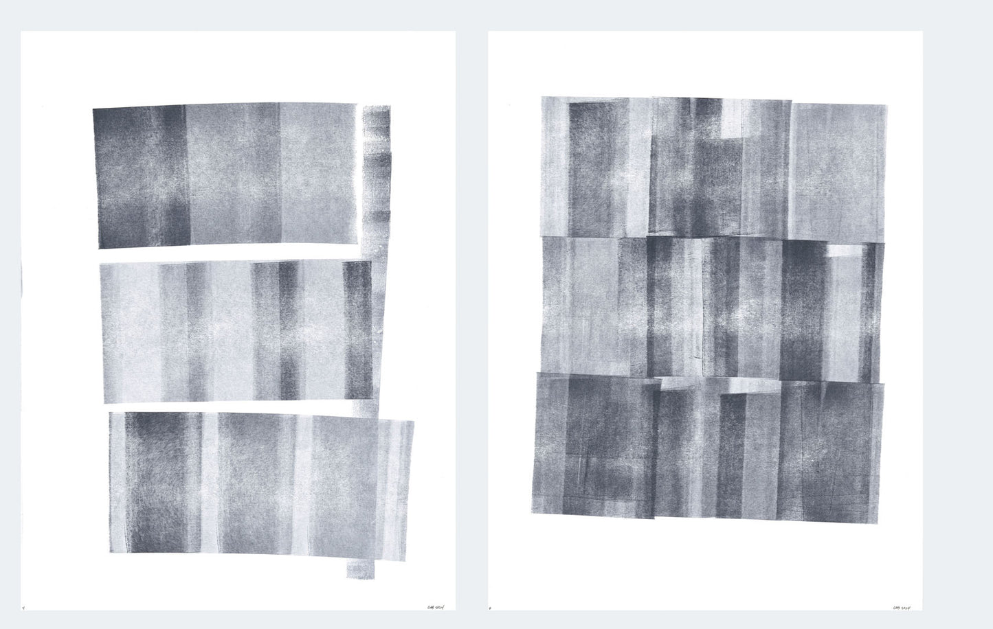 Ink on Paper 04-06 Original Fine Art Painting Diptych Collection displays a side-by-side diptych of abstract grayscale ink compositions, perfect for modern art spaces.