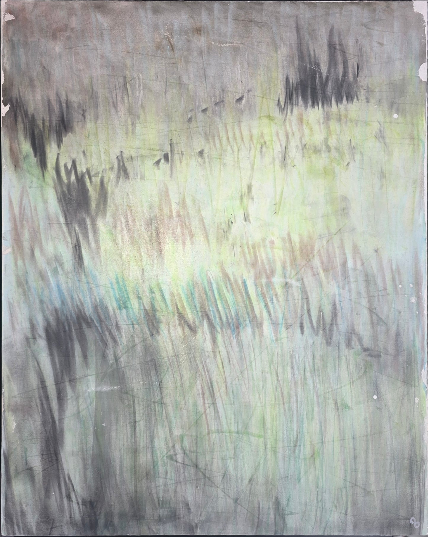 Full view of 'In the Haze' pastel monoprint by Carrie Bergey, featuring dreamy abstract patterns in muted greens, blues, and grays.