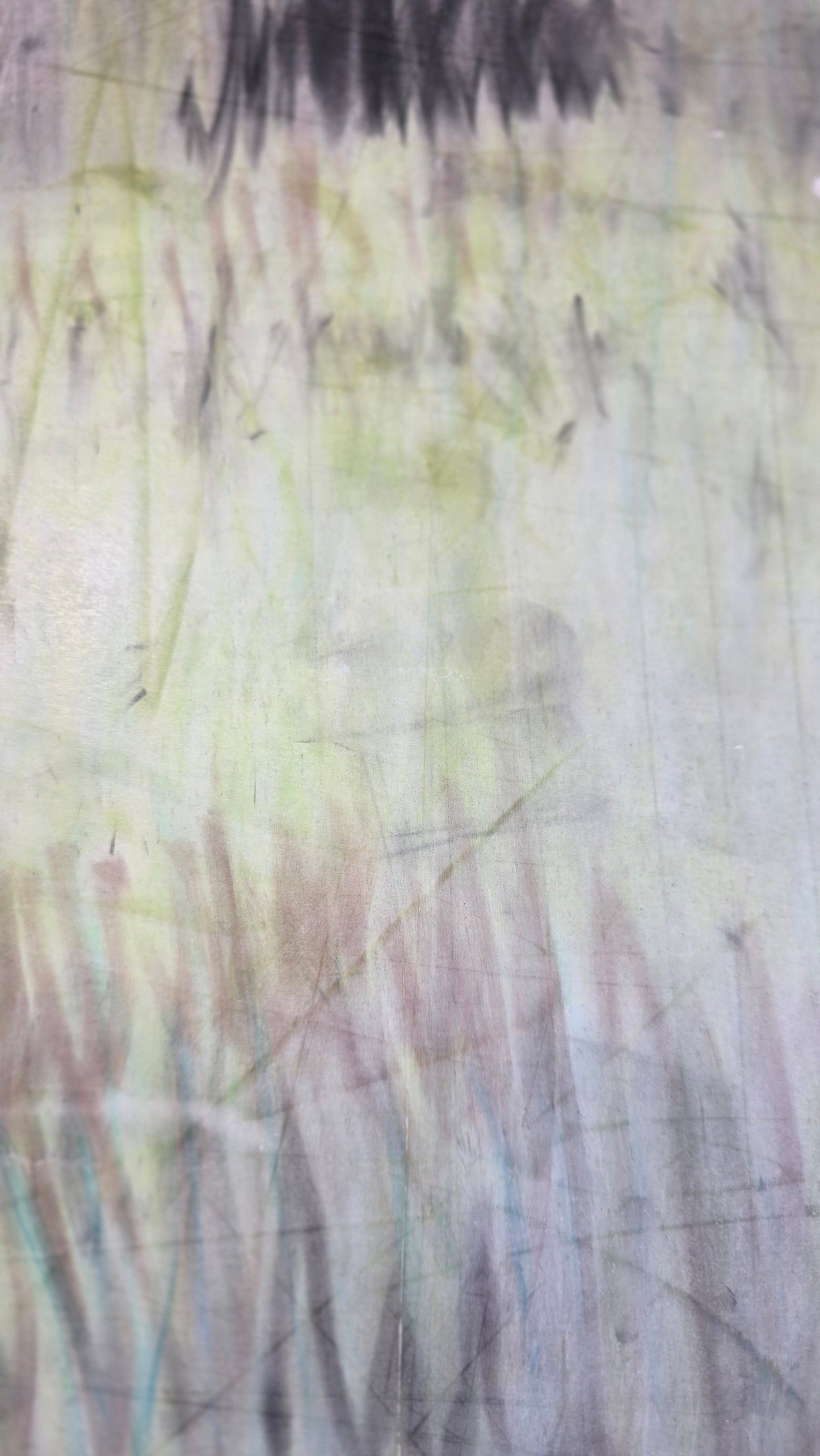 Detailed section of Carrie Bergey's 'In the Haze' pastel monoprint, highlighting the soft, abstract layering and subtle color blending.