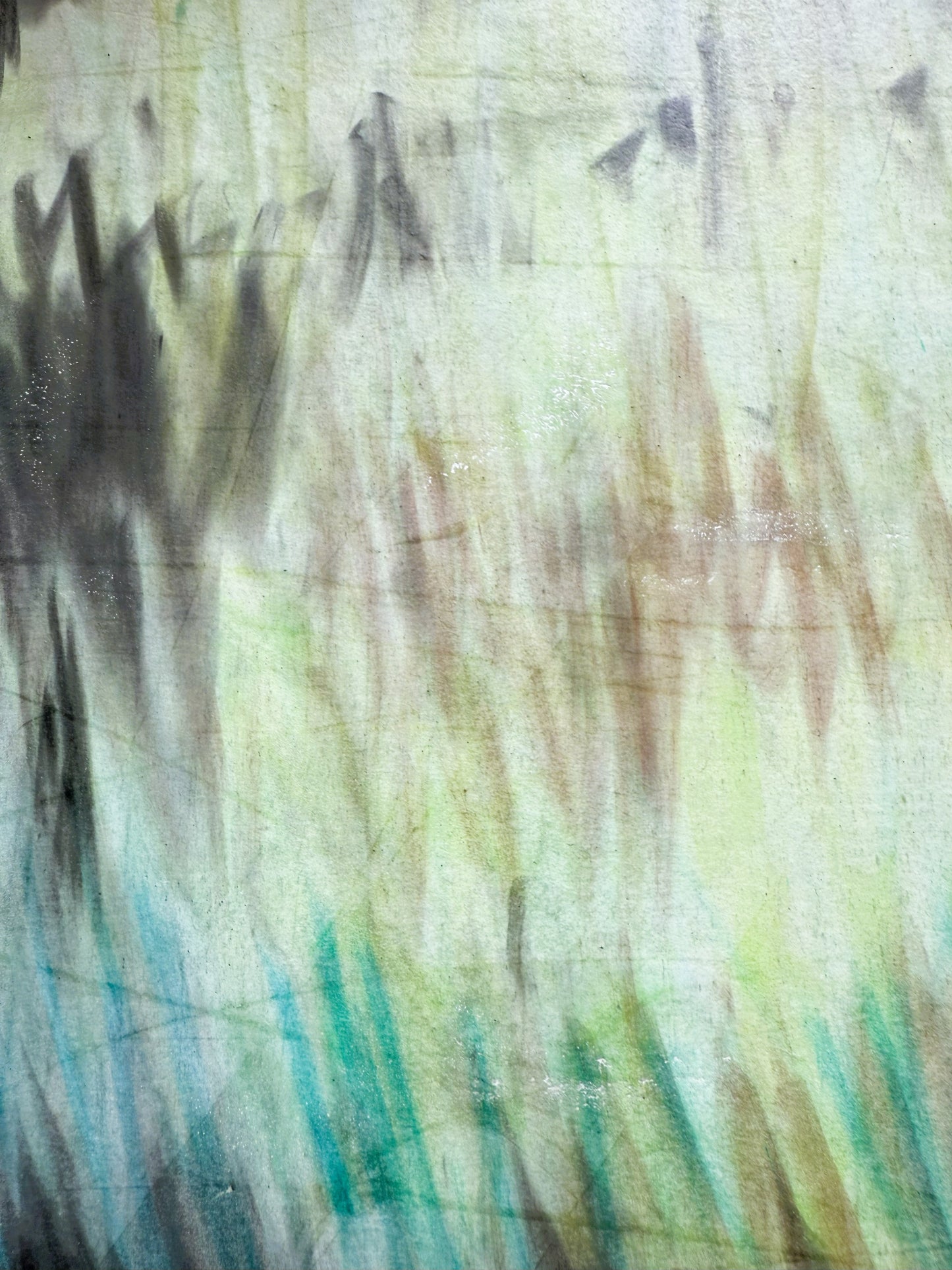 Detail section of Carrie Bergey's 'In the Haze' pastel monoprint, featuring soft brush strokes and layered hues in earthy tones.