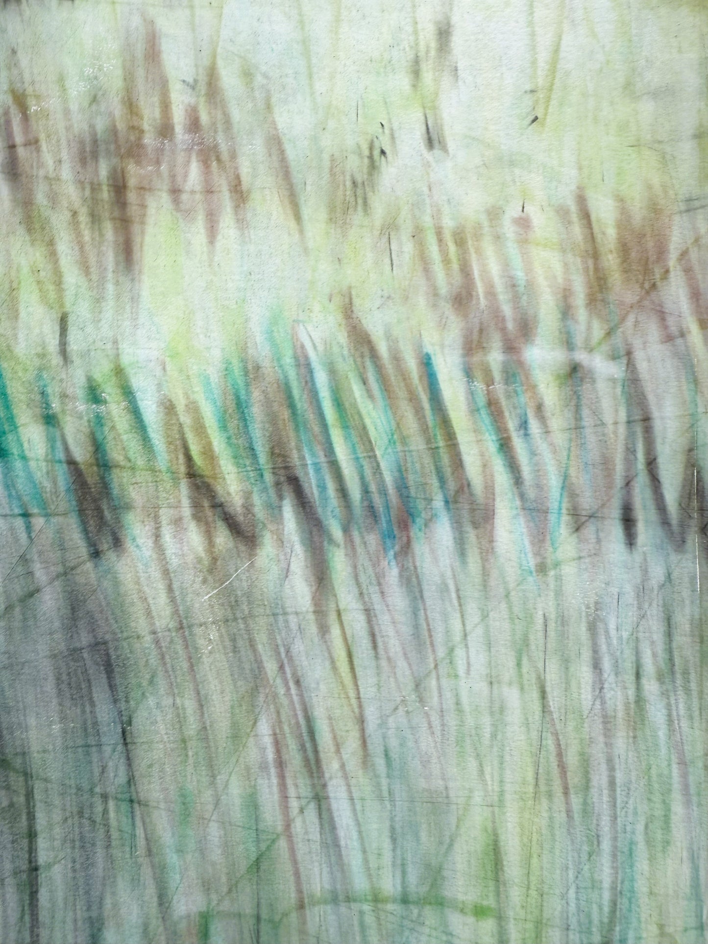 Zoomed-in view of 'In the Haze' by Carrie Bergey, showcasing abstract pastel lines in green, brown, and blue tones with textured layering.