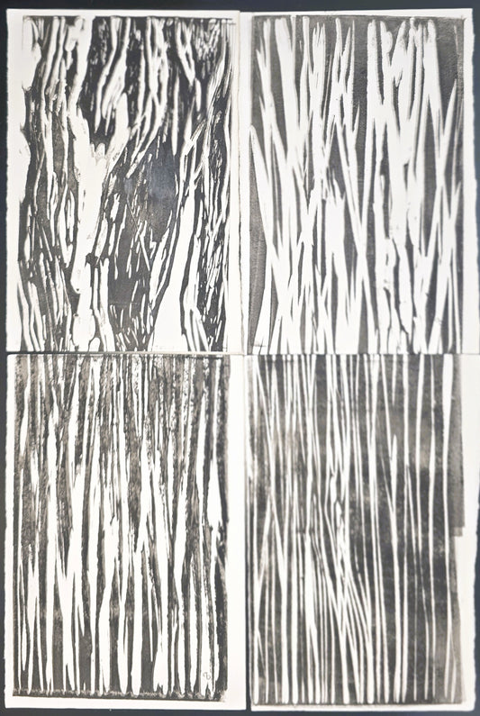 In the Weeds Original Fine Art Monoprint Quadriptych Collection by Carrie Bergey displayed in a modern home office with natural wood decor.