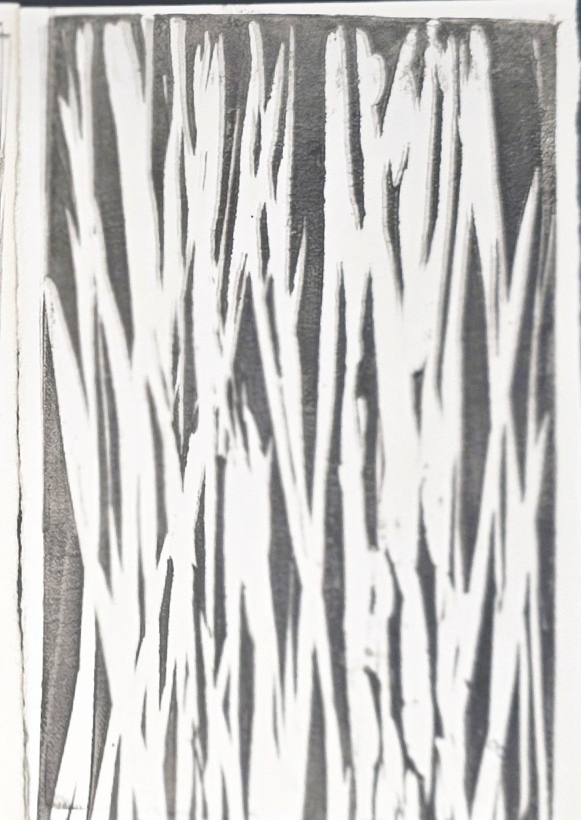 Close-up of top right panel from In the Weeds Monoprint Quadriptych by Carrie Bergey, featuring sharp, abstract white streaks on a dark background.