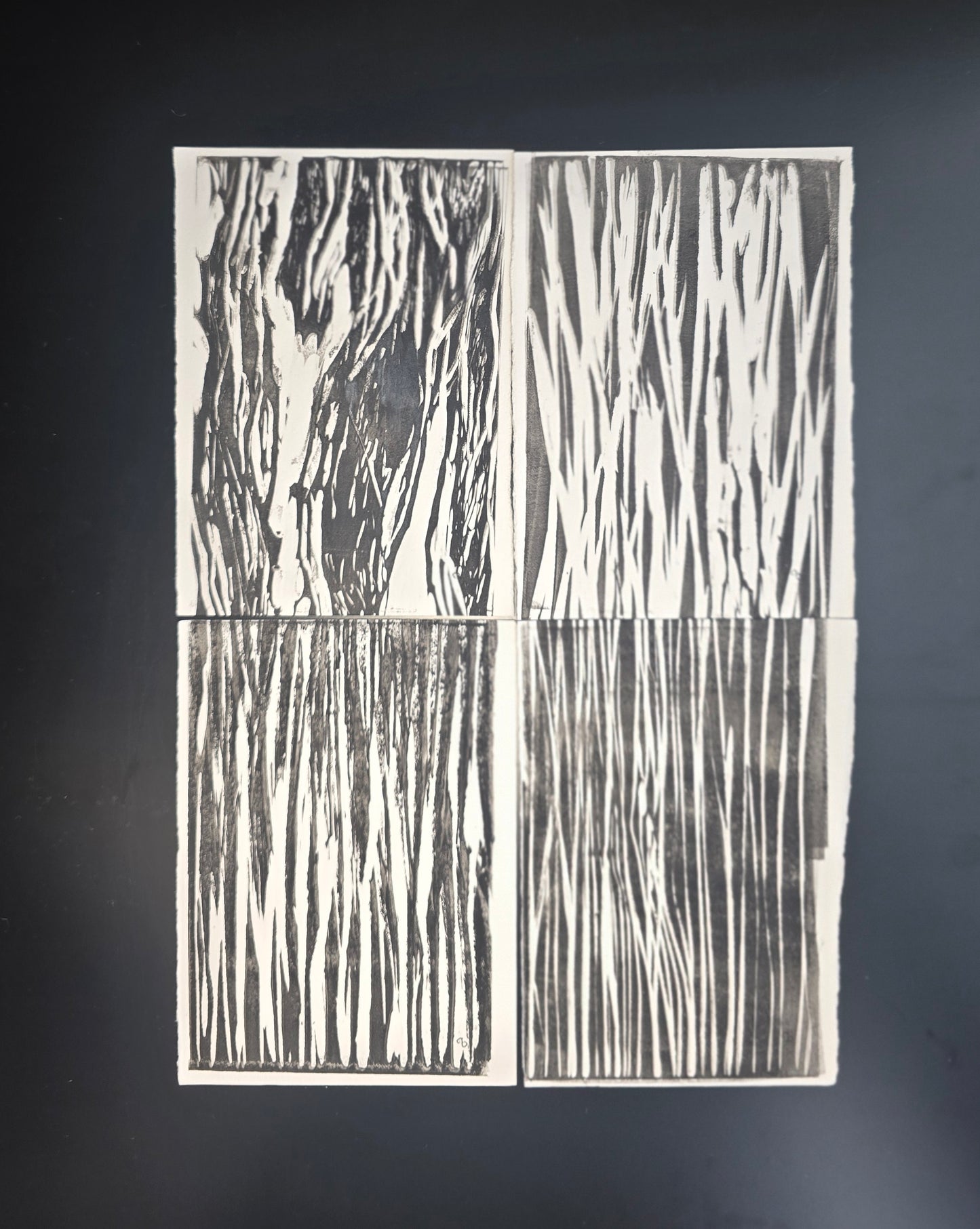 Flat lay of In the Weeds Original Fine Art Monoprint Quadriptych Collection by Carrie Bergey, arranged in a 2x2 grid on a black surface.