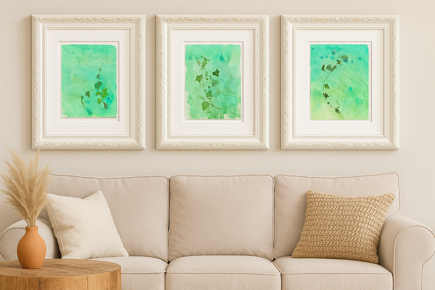 Ivy Art Reproduction Set - Monoprint Series | Fine Art Pieces displayed above a beige sofa. Set of 3 botanical prints with green ivy on textured backgrounds.