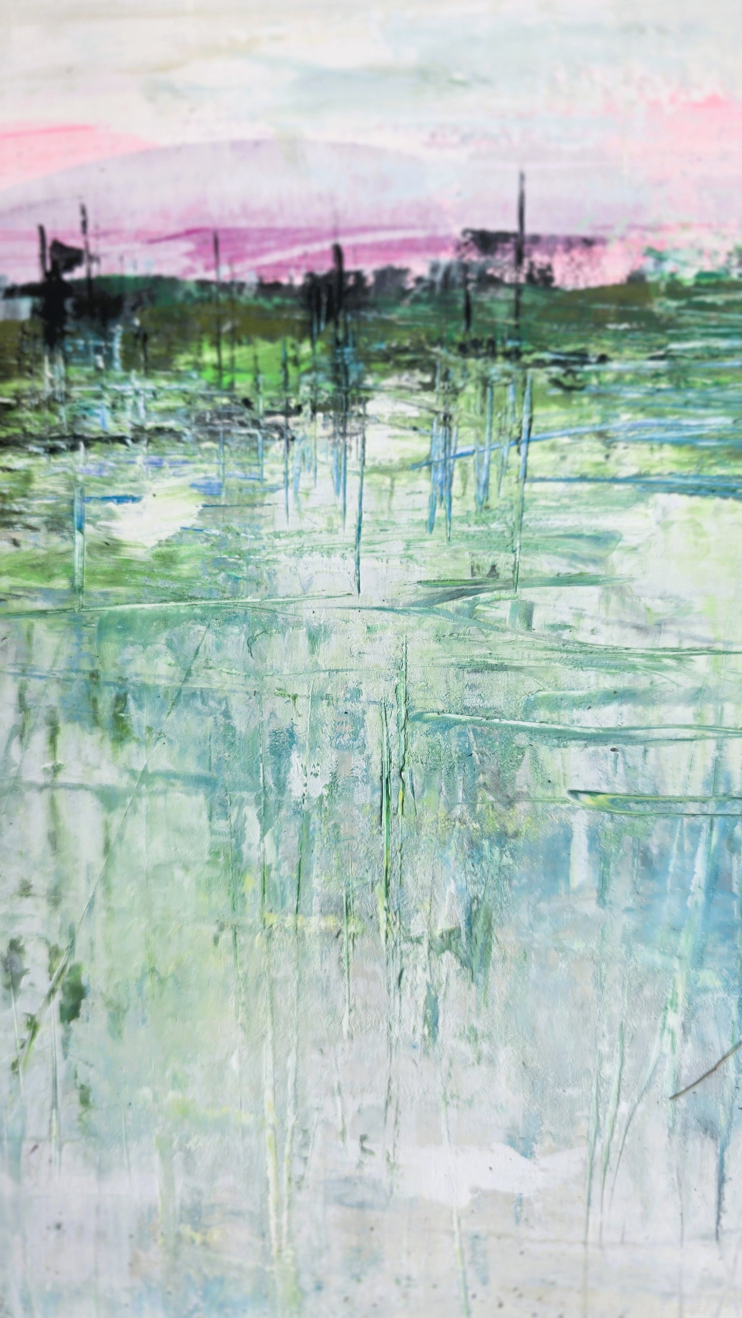 Close-up of Morning Marina painting by Carrie Bergey highlighting intricate brushwork and layered reflections in green and blue hues.