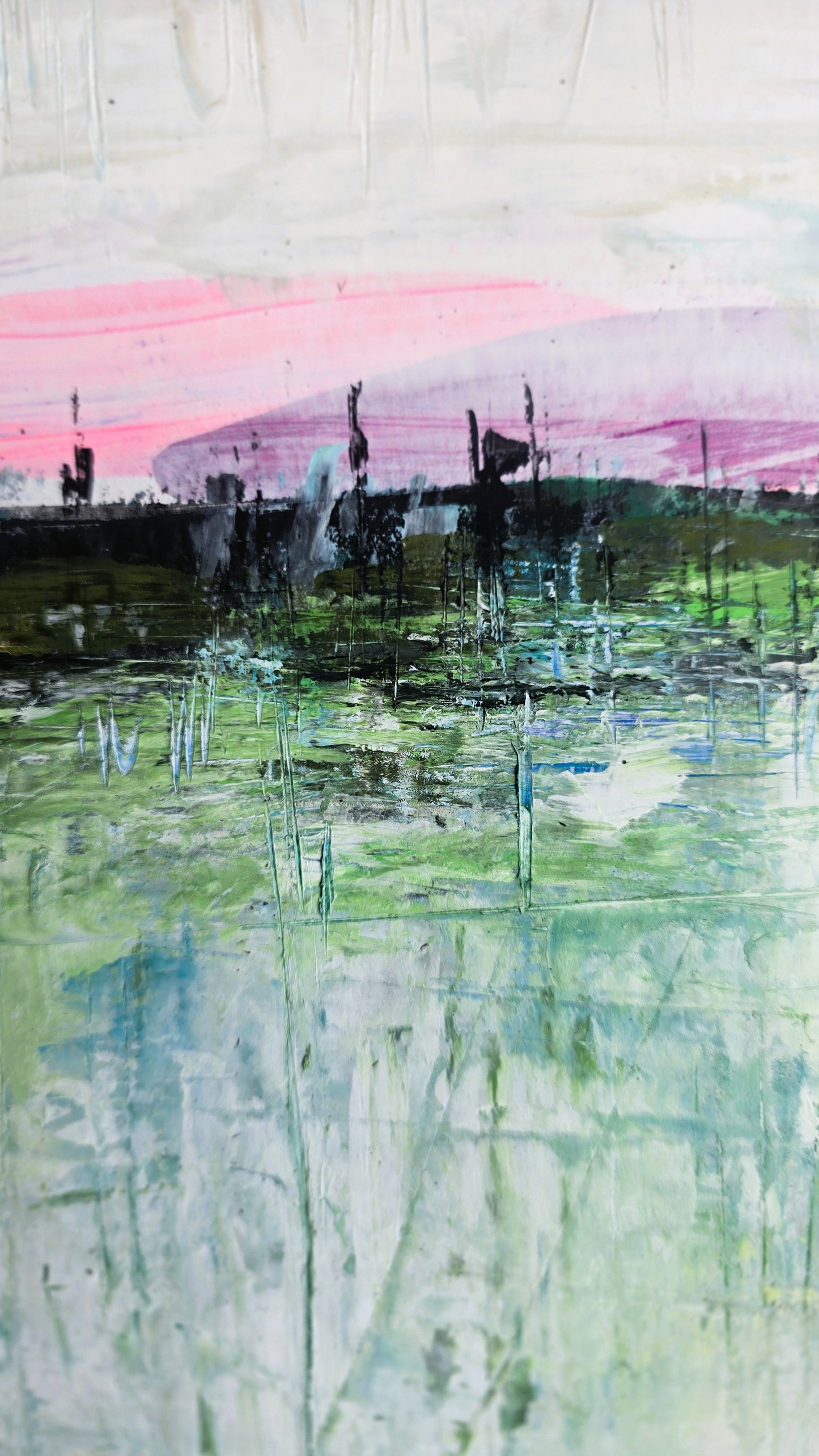 Detail of Morning Marina original painting by Carrie Bergey showing textured abstract strokes and vibrant pink sky above a calm marina.