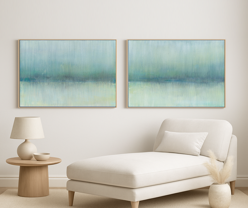 Maui 05-06 Original Fine Art Painting Diptych Collection by Carrie Bergey displayed in a modern living room, ideal for serene home decor.