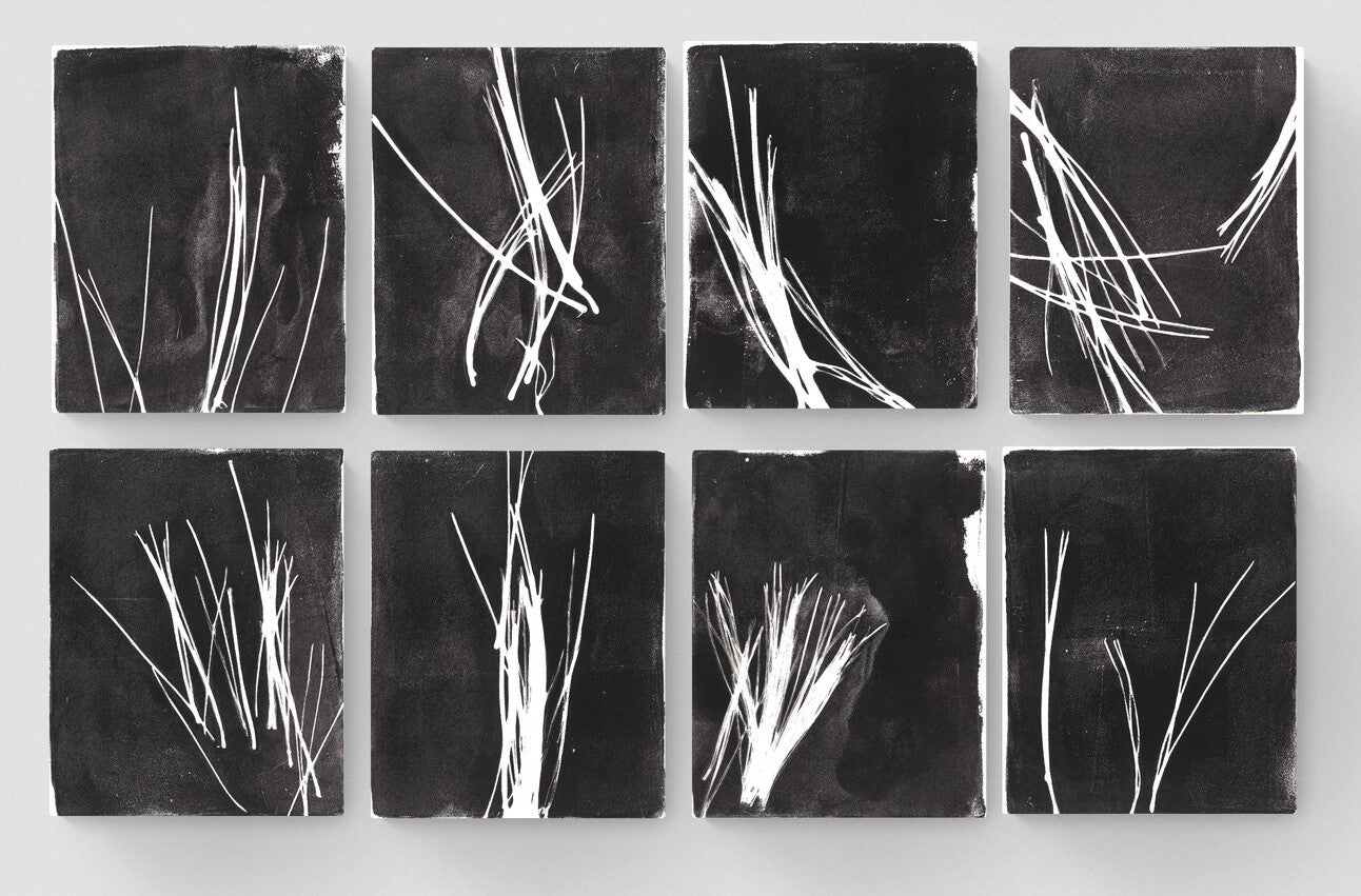 Close-up of Pine Needles Original Fine Art Monoprint Octaptych Collection by Carrie Bergey, showcasing intricate white lines on black backgrounds.