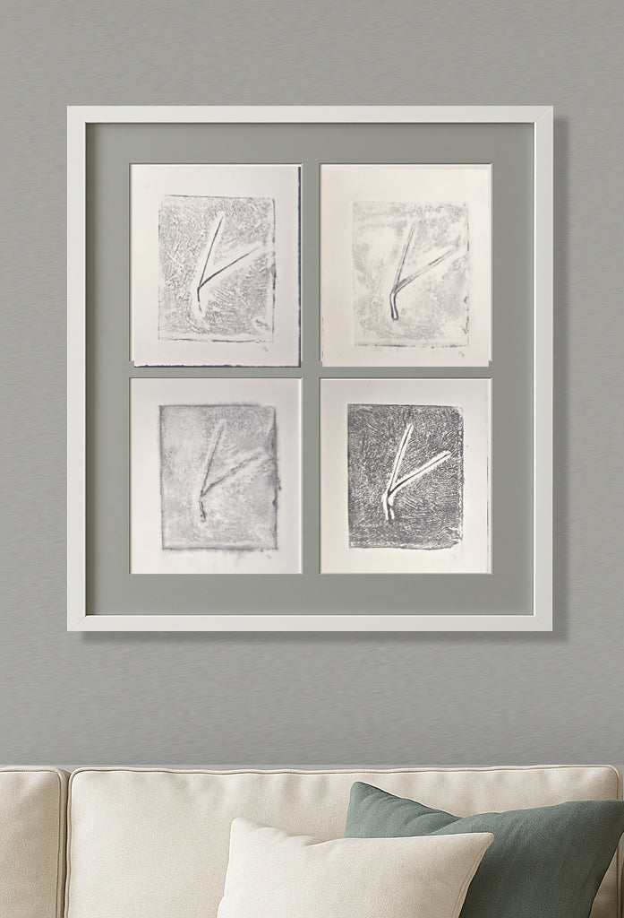 Framed Pine Needles Art set by Carrie Bergey featuring 4 original collagraph monoprints in grayscale, ideal for modern home wall decor.