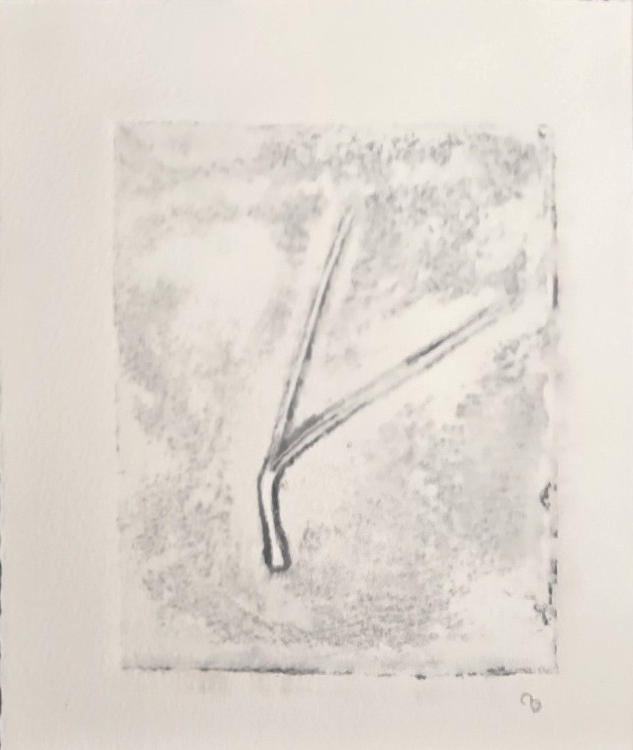 Minimalist Pine Needles Art monoprint by Carrie Bergey in pale grey and white, capturing delicate natural textures and organic lines.