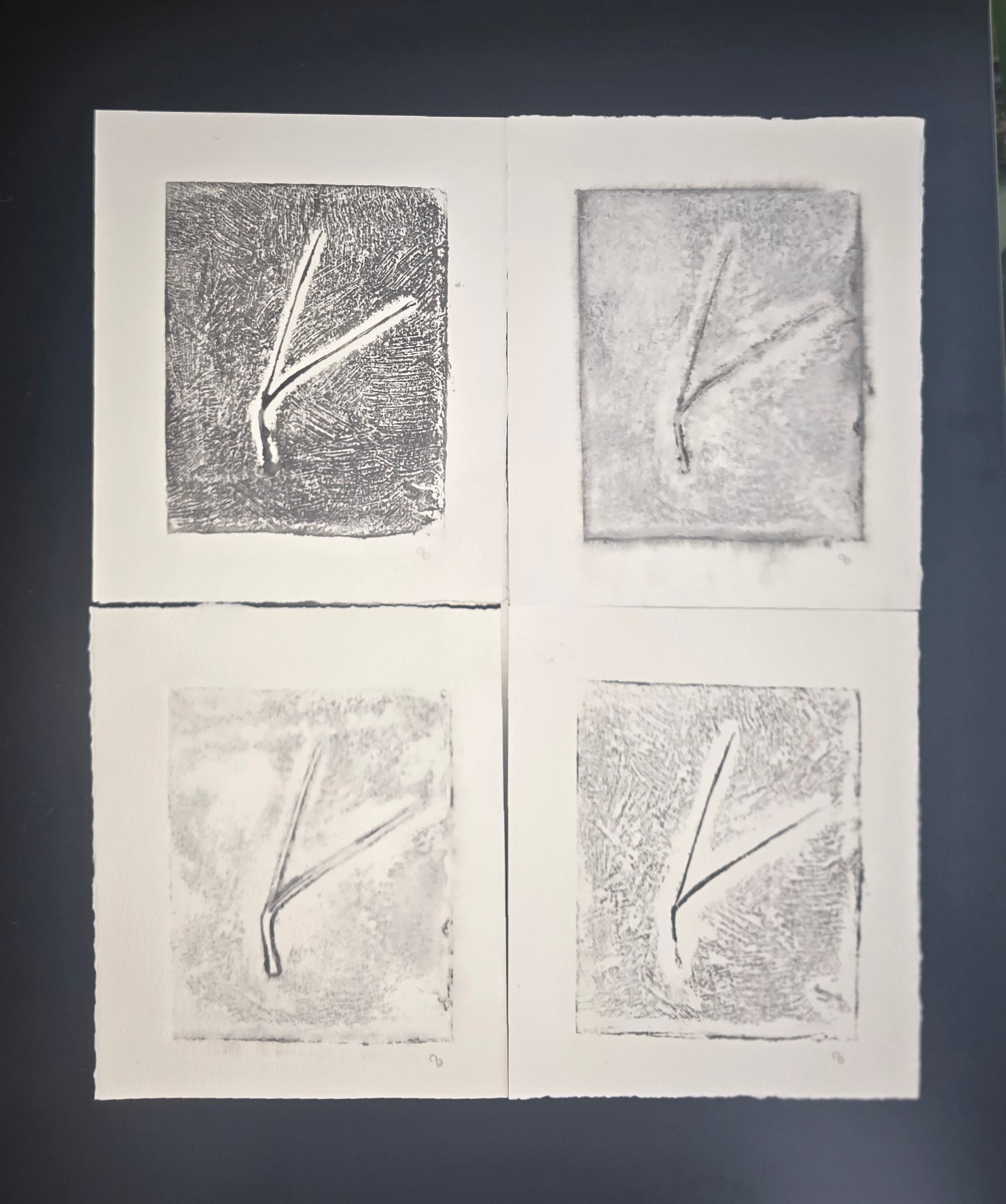 Four-piece Pine Needles Art monoprint collection by Carrie Bergey displayed on dark background, highlighting textured natural forms in neutral tones.