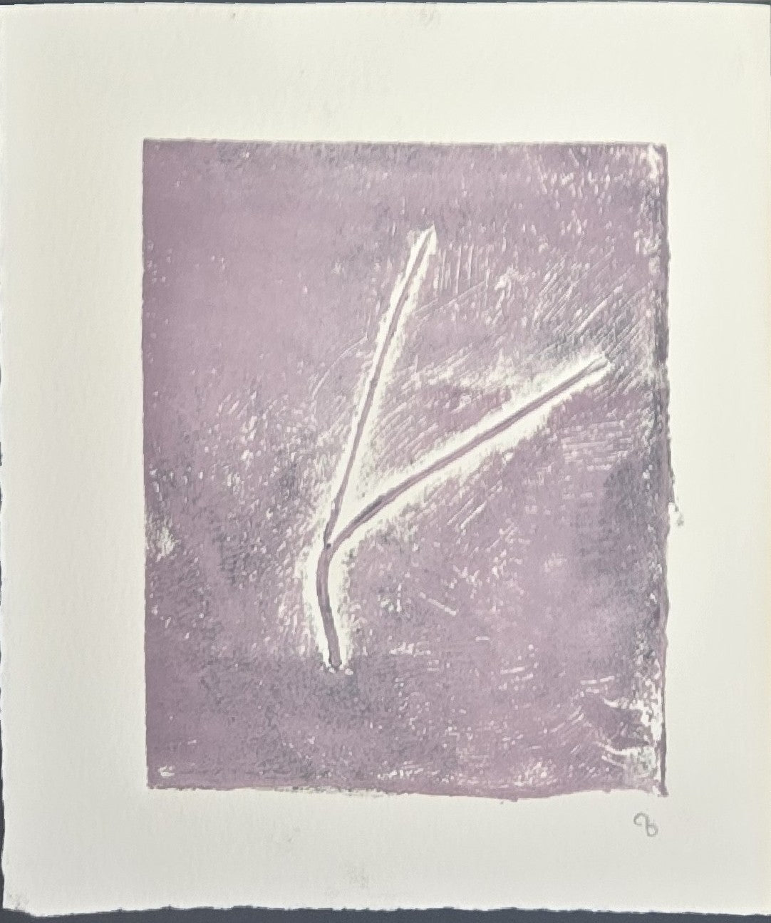 Single print from Pine Needles Becoming Original Monoprint Art by Carrie Bergey in soft purple with abstract pine needle design.