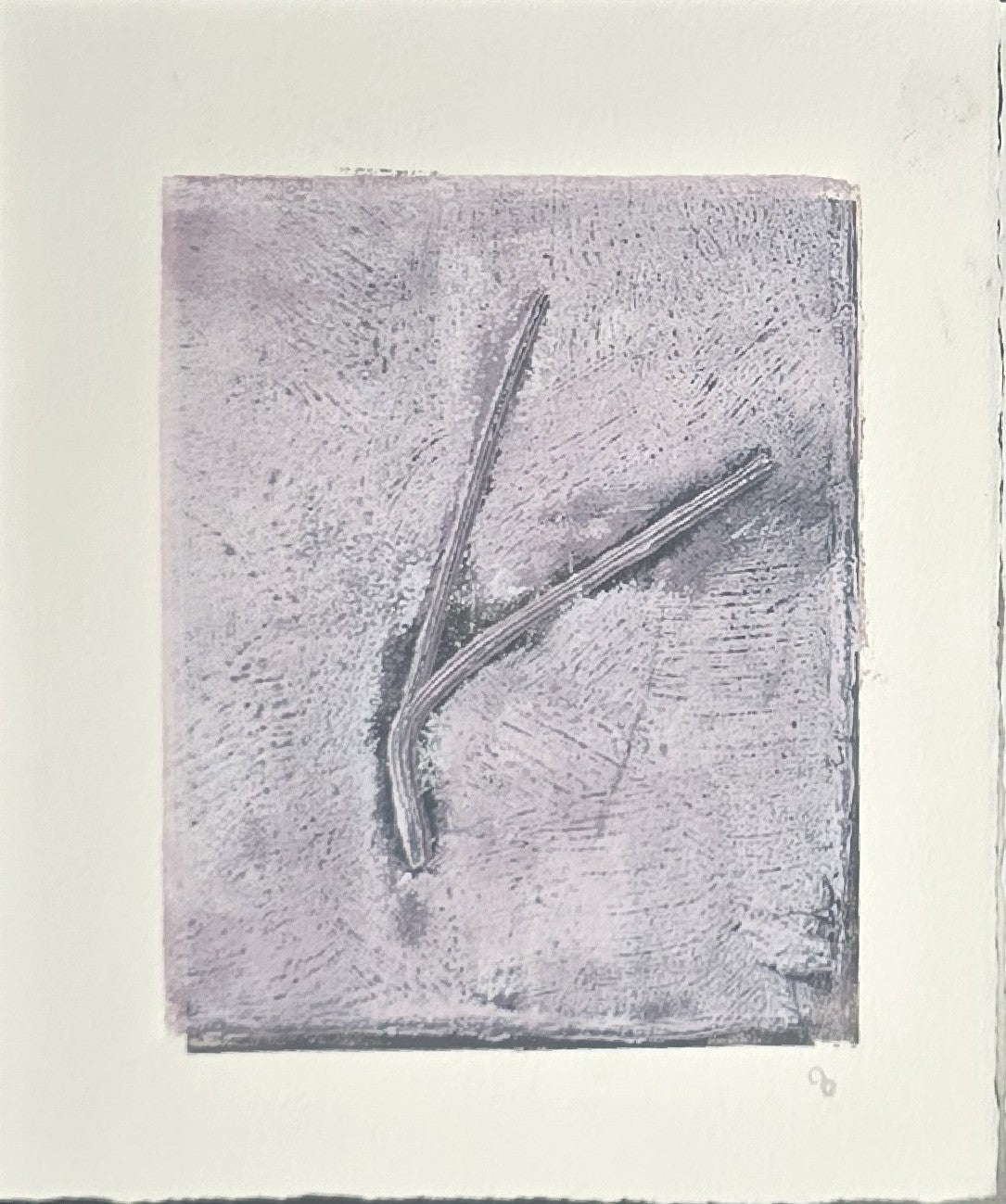 Muted lavender print from Pine Needles Becoming Original Monoprint Art by Carrie Bergey with minimalistic botanical abstraction.