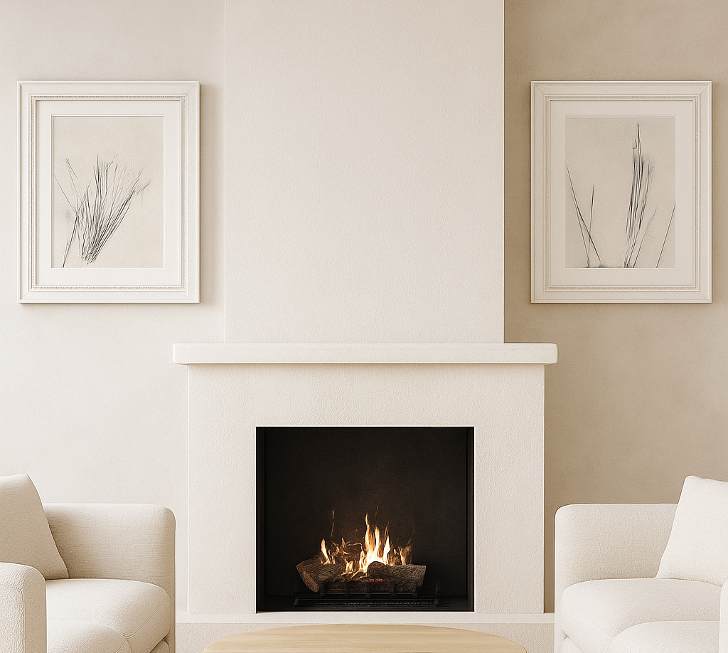 Fine Art Monoprint Diptych - Carrie Bergey Art | Pine Needle Art displayed above a modern fireplace in a neutral-toned living room.