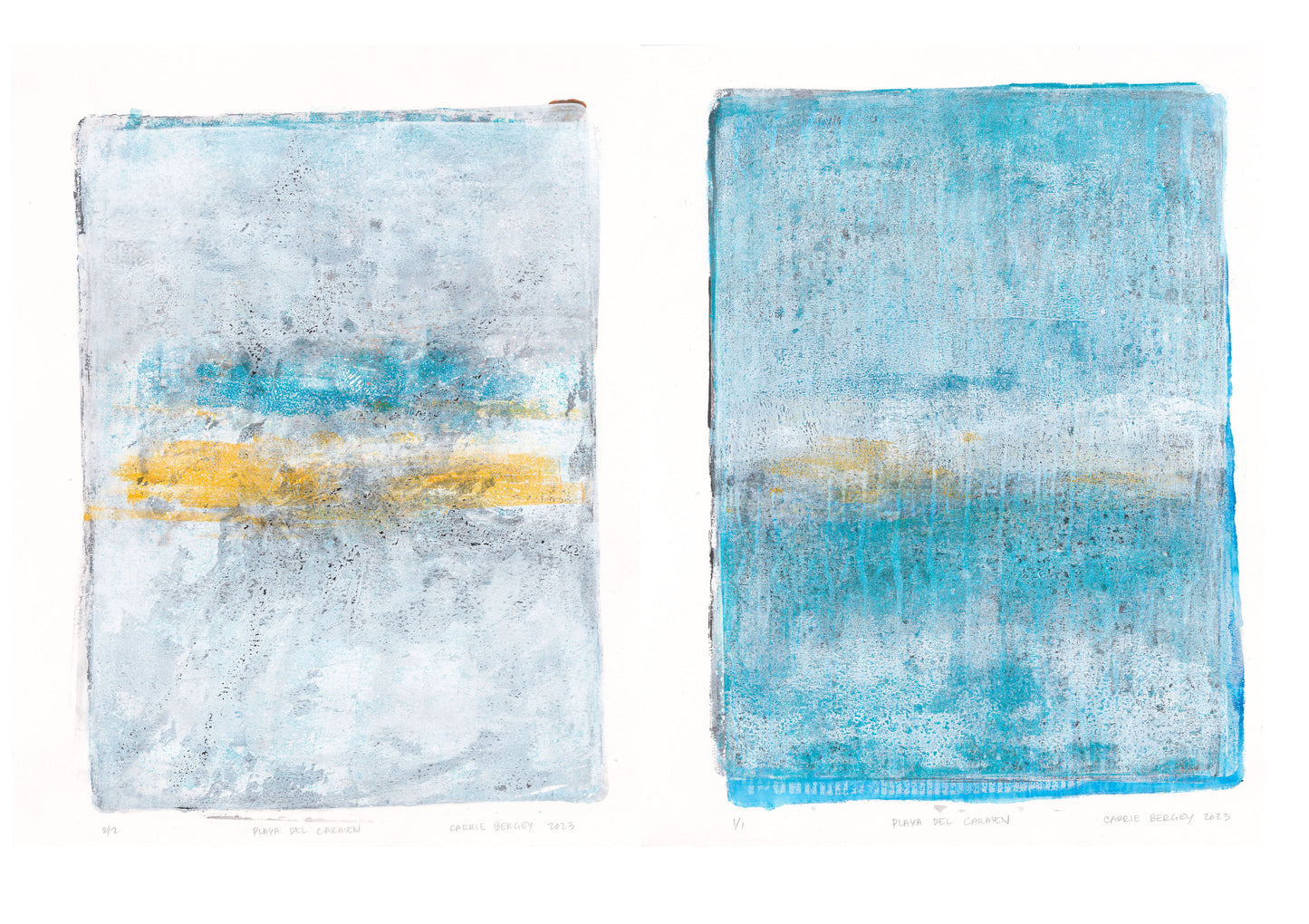 Playa Del Carmen Diptych Art - Monoprint Collection featuring two abstract prints with ocean-inspired textures and vibrant hues.