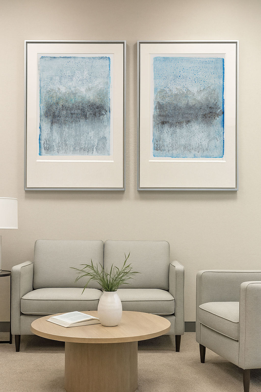 Presidio Dusk Original Fine Art Monoprint Diptych Collection displayed above a modern gray sofa in a neutral-toned living room. Ideal for contemporary home decor.