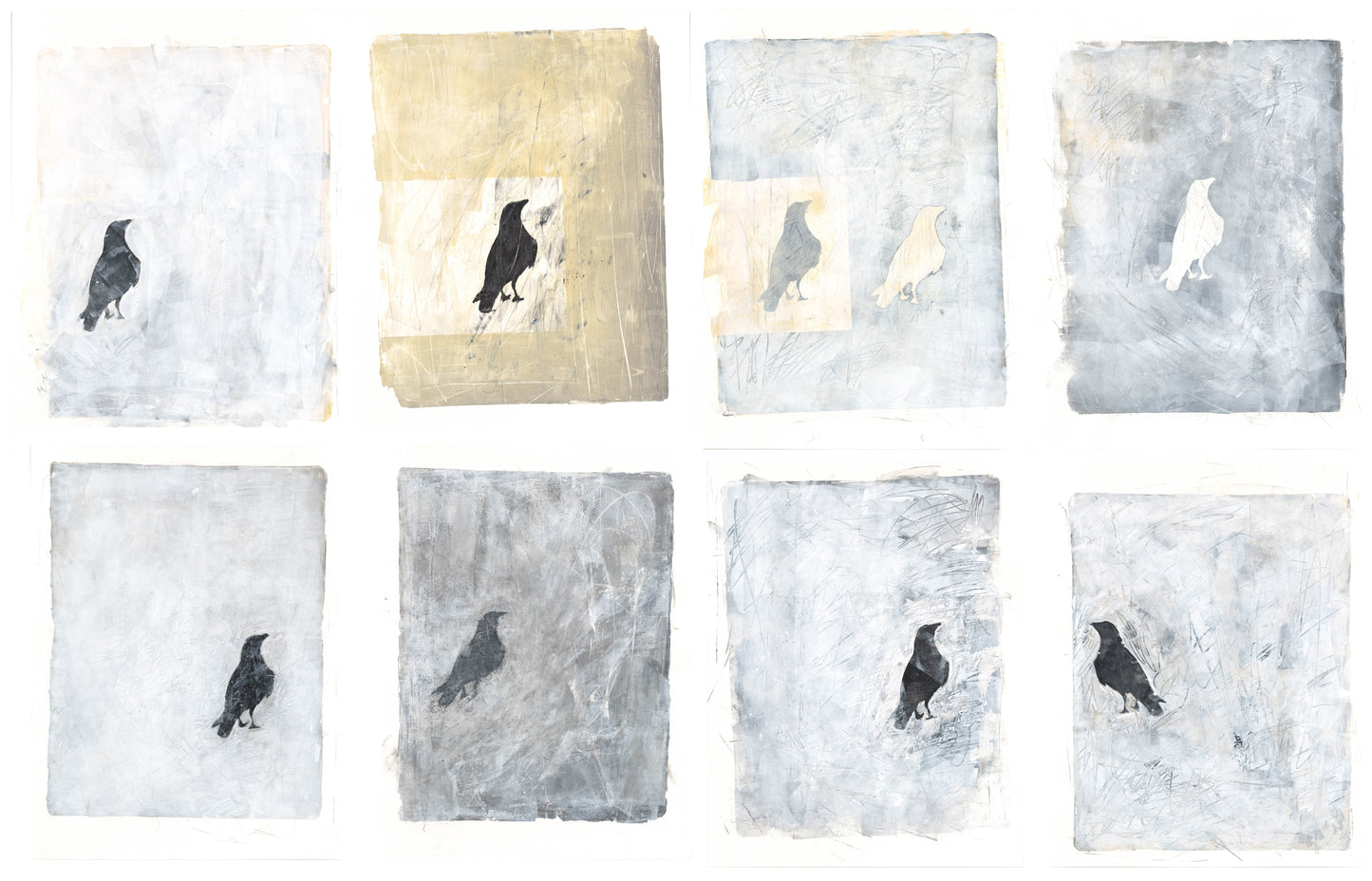 Complete Raven Original Fine Art Monoprint Octaptych Collection by Carrie Bergey. Eight symbolic raven prints with textured, abstract backgrounds.
