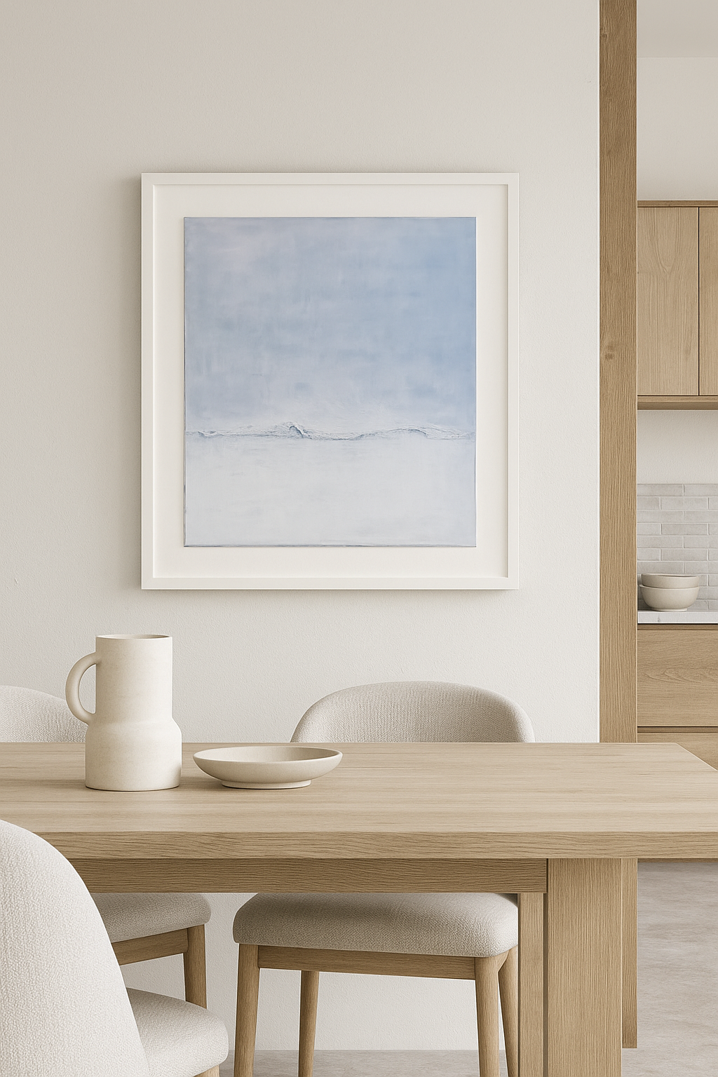 Framed Restorative Roller Original Fine Art Painting by Carrie Bergey displayed in a modern dining room, enhancing minimalist coastal interior design.