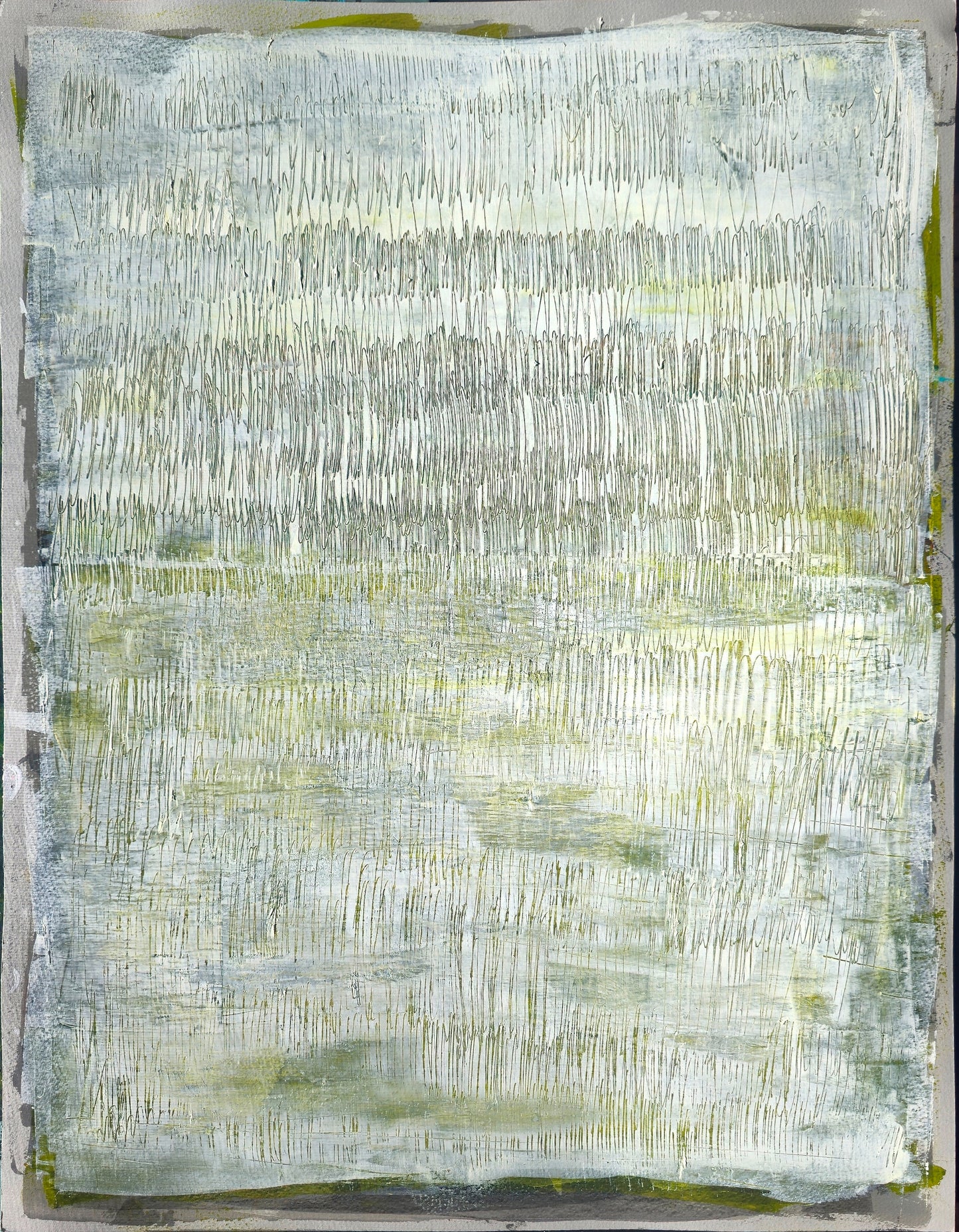 Rhythmic Play Original Fine Art Painting by Carrie Bergey features layered acrylic textures in soft greens and grays. Abstract vertical strokes evoke movement and calm.