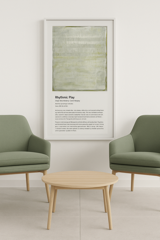 Rhythmic Play Original Fine Art Painting by Carrie Bergey features layered acrylic textures in soft greens and grays. Abstract vertical strokes evoke movement and calm.