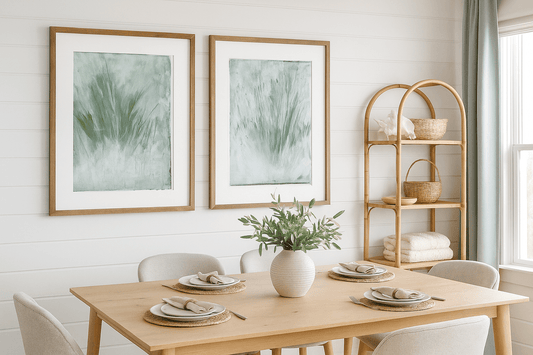 Seagrass 01-02 Original Fine Art Monoprint Diptych Collection by Carrie Bergey displayed in a modern dining room with neutral decor and wooden accents.