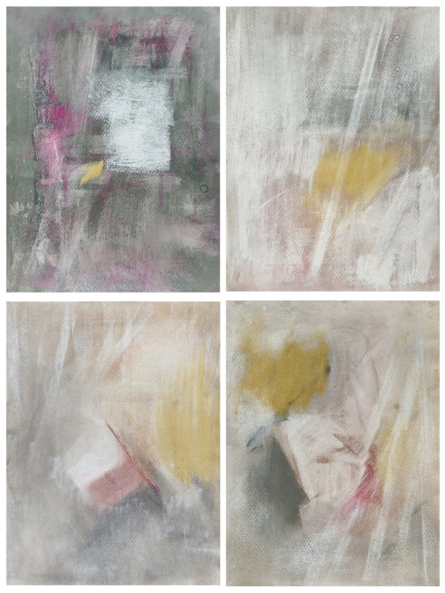 Complete view of Threshold of Memory - Original Fine Art Drawing Quadriptych Collection by Carrie Bergey featuring four abstract charcoal drawings in soft hues.