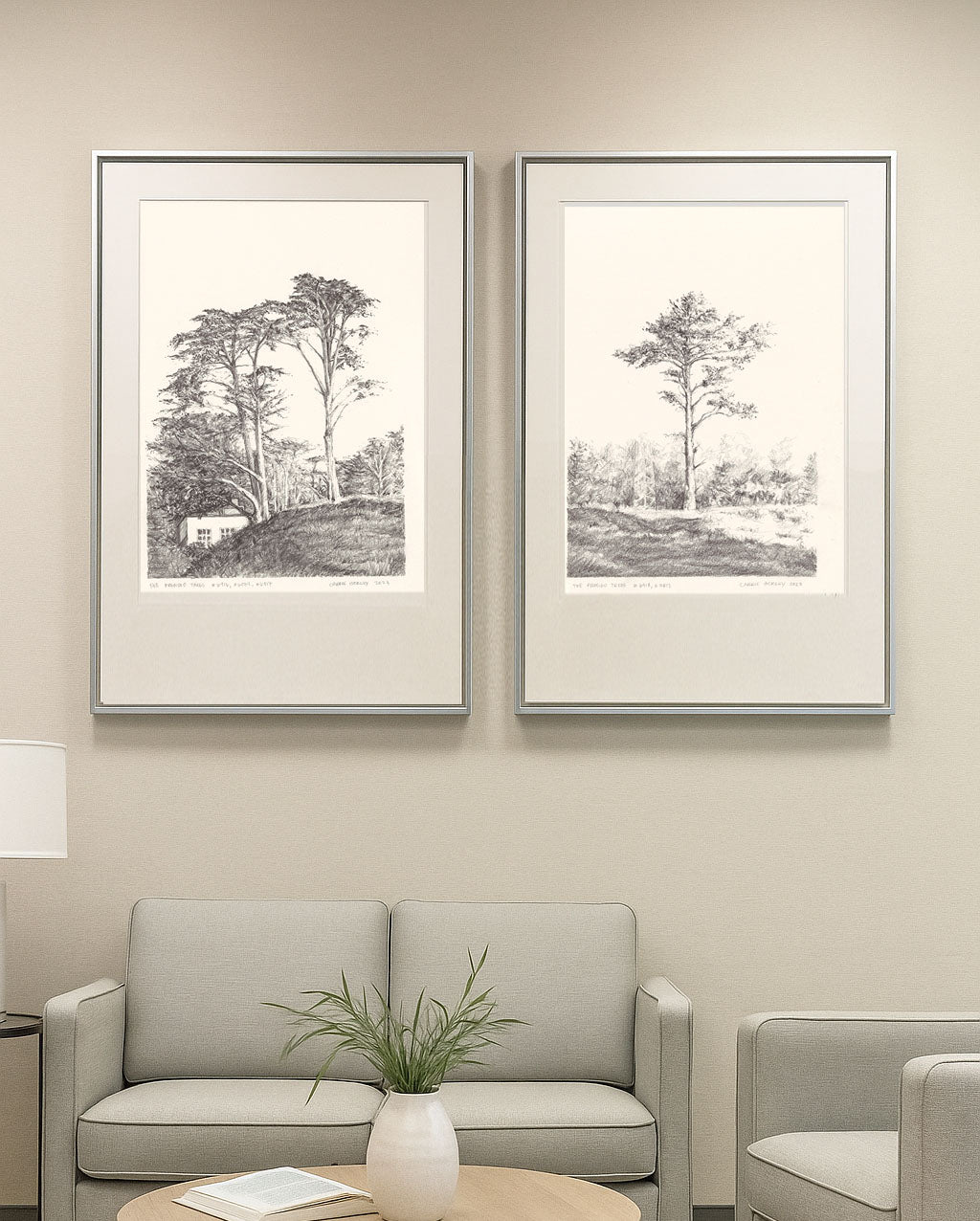 Original Fine Art Drawings - Presidio Trees diptych framed and displayed above a modern sofa in a neutral-toned living room setting.