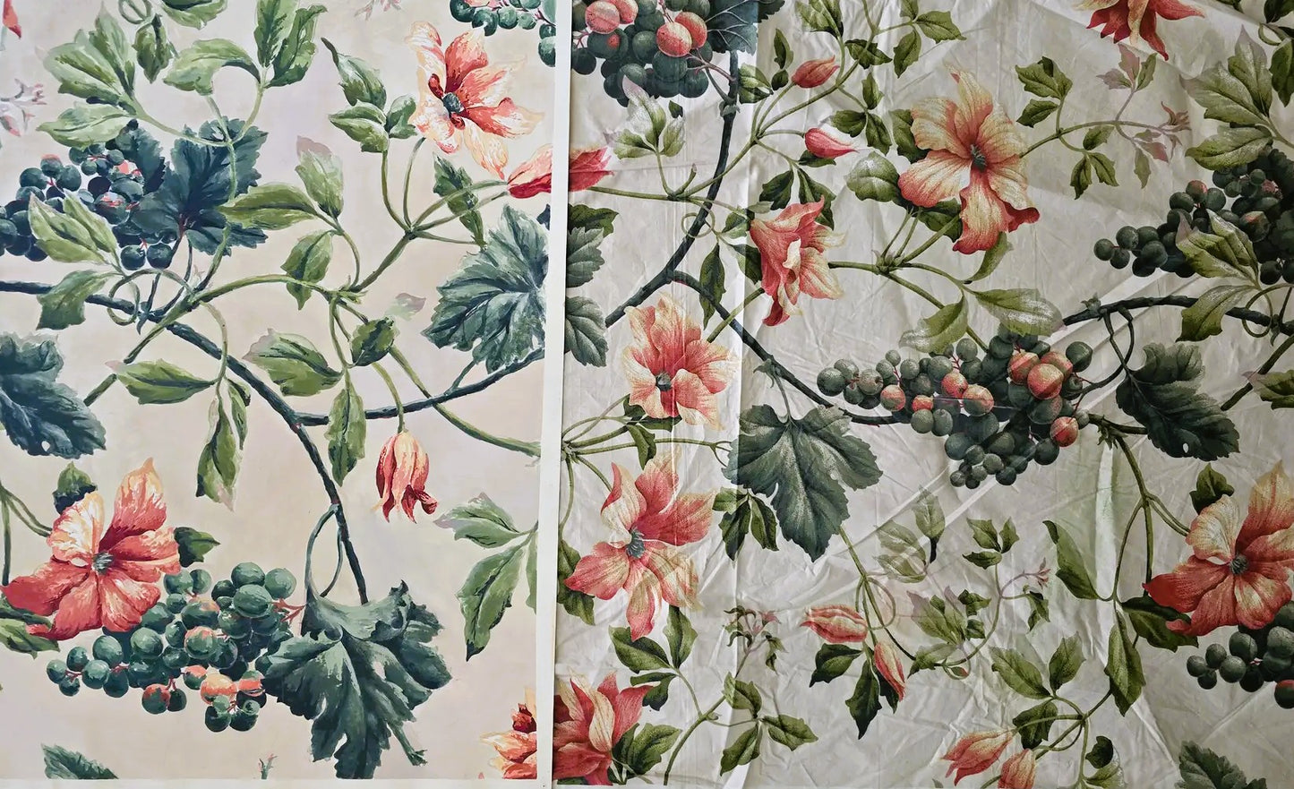 Close-up of Carrie Bergey's Vintage Fabric Painting next to the original textile, emphasizing gouache brushwork and vibrant floral elements on cotton.