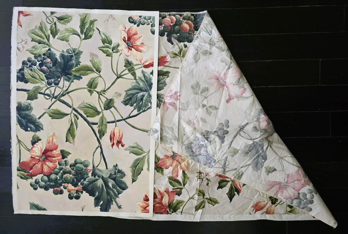 Carrie Bergey's Vintage Fabric Original Fine Art Painting shown beside the vintage textile inspiration, highlighting detailed floral and grapevine patterns.